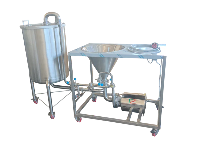 FZ INOX triblender connected to its stainless steel tank, both on castors, with an FZ-CP pump modified for triblender duty