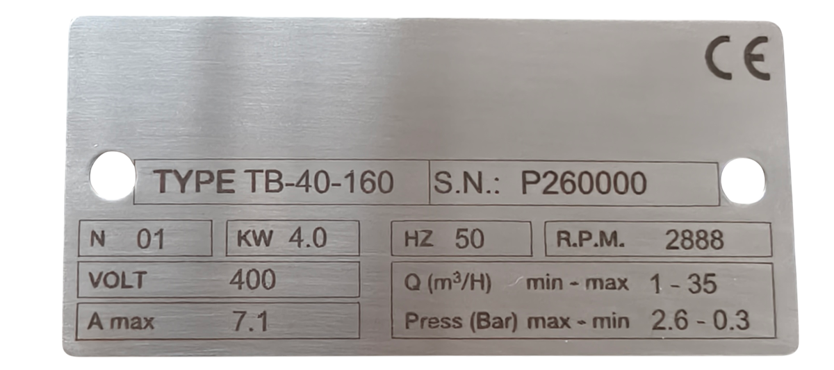 FZ INOX stainless steel pump nameplate: type, serial number, power, speed, flow and pressure