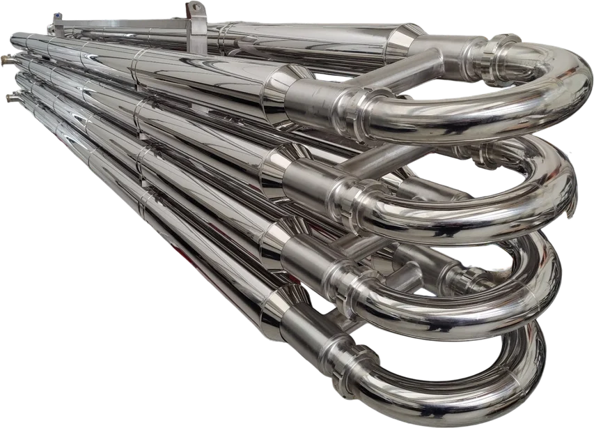 Insulated tube exchangers finished in polished stainless steel cladding